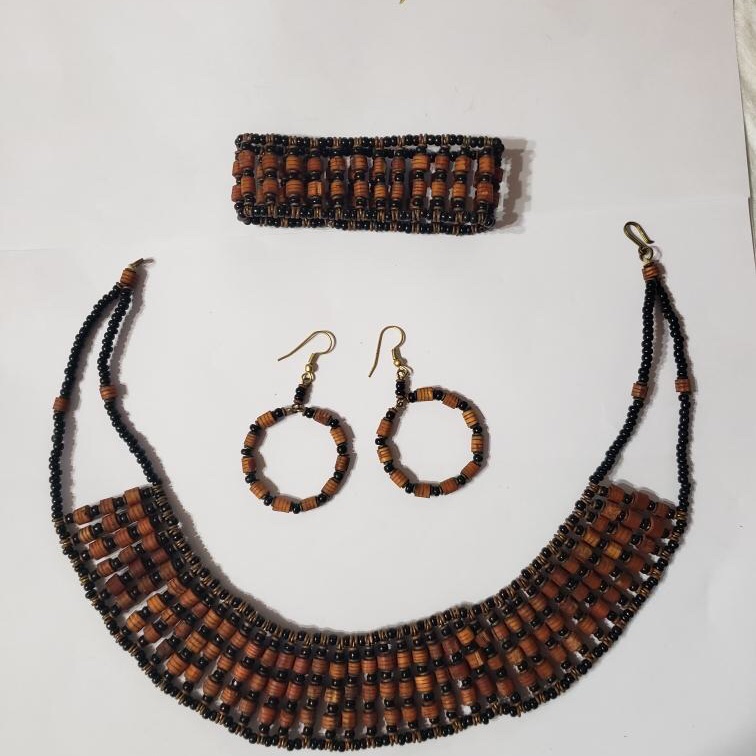 Brown And Black Beaded Necklace, Earrings Set